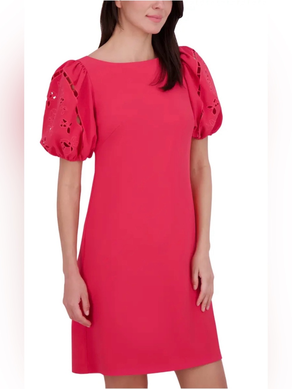Vince Camuto Coral Puff Sleeve Crepe Shift Dress eyelet cutouts  size 12
